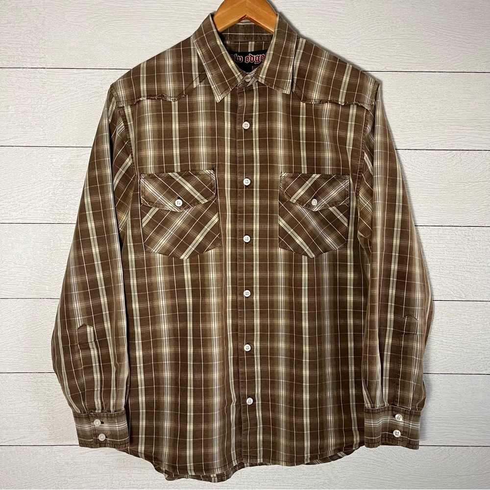 Raw Edge Brown Plaid Men's Button Up Shirt Size Small